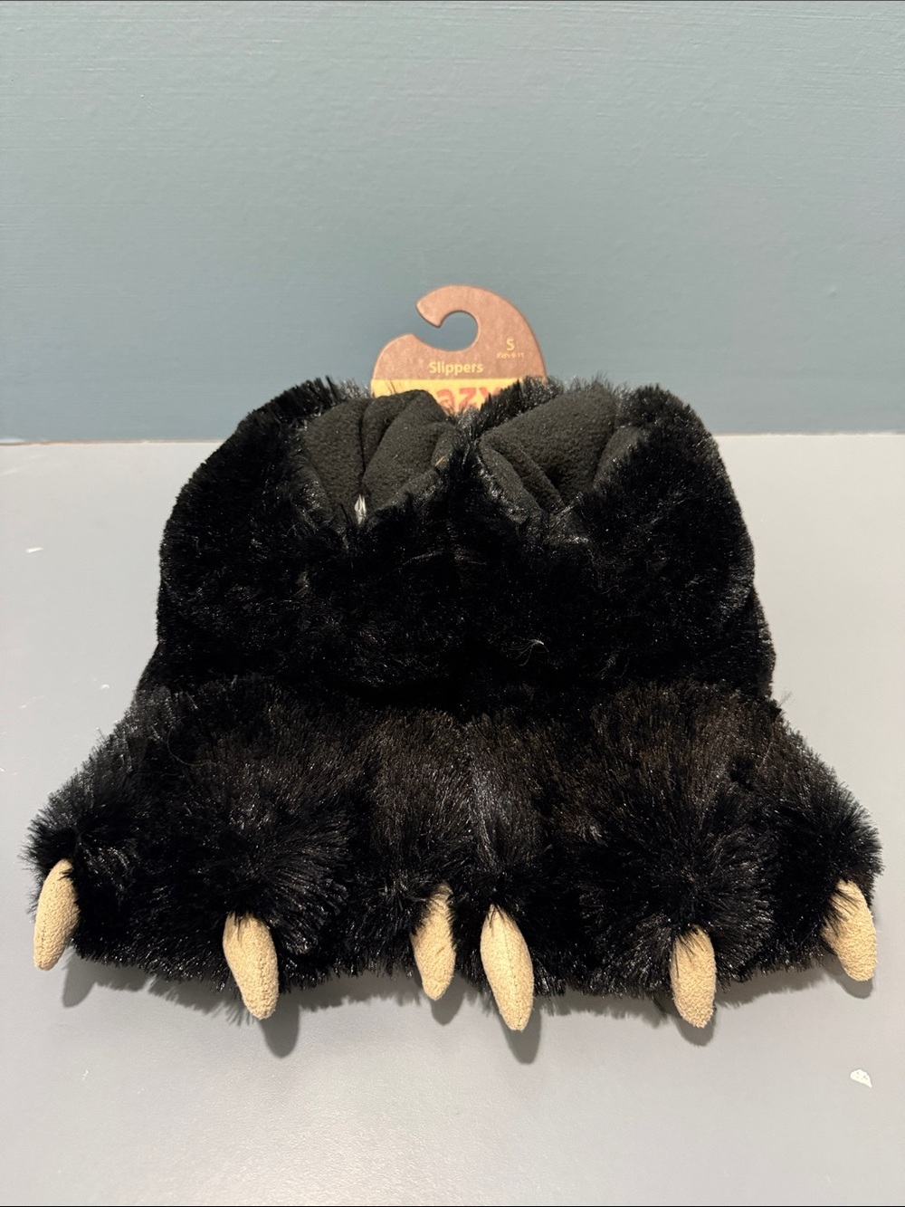 Lazy One Black Plush Bear Paw Slippers with Tan Claws